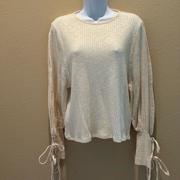 Zara Cream ribbed knit sweater long balloon linen sleeves tie shirt size‎ medium - Picture 1 of 10